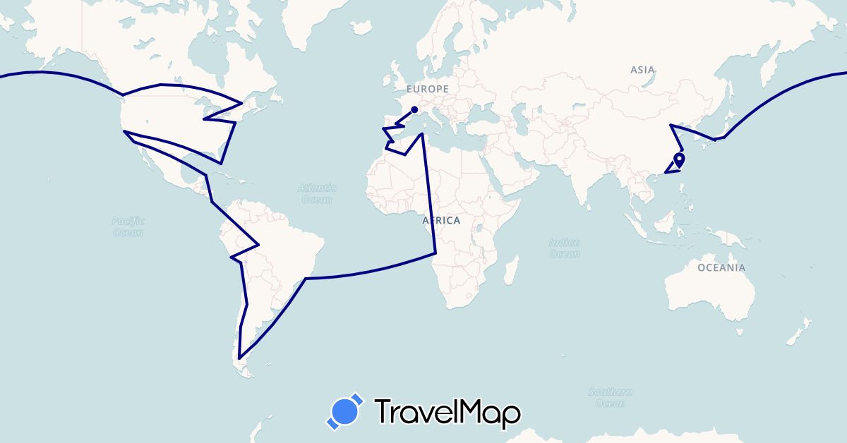 TravelMap itinerary: driving in Angola, Argentina, Brazil, Canada, China, Costa Rica, Algeria, Spain, France, Japan, South Korea, Morocco, Mexico, Peru, Portugal, Taiwan, United States (Africa, Asia, Europe, North America, South America)